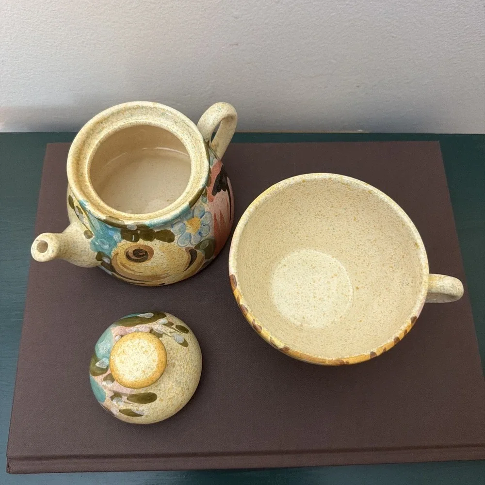 Italian Pottery Stacking Teapot & Cup Set Hand Painted cottagecore Tea for One